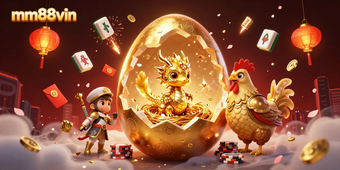 Win big at mm88vin with this vibrant promotion of a golden dragon emerging from a poker chip nest.