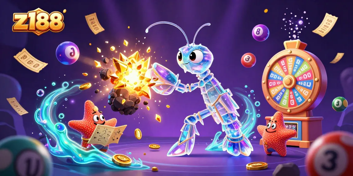 Experience thrilling wins at z188 with a galactic samurai mantis shrimp amidst dynamic lottery balls and casino elements.