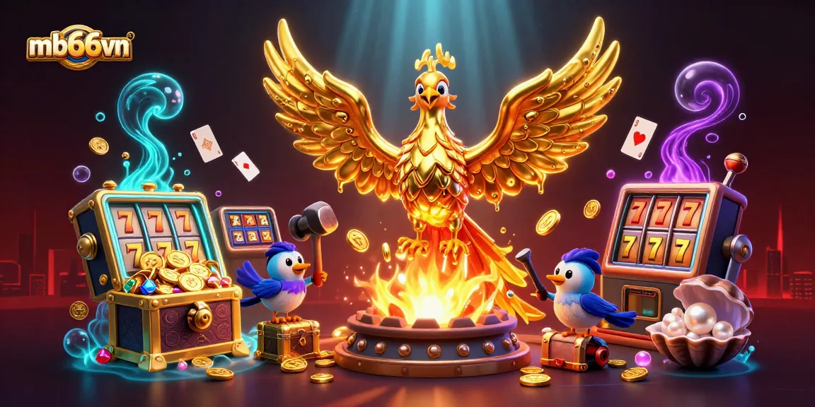 Experience thrilling wins with mb66vn's captivating casino scene featuring a golden phoenix and slot machines.