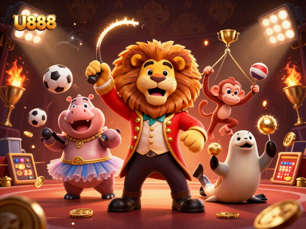 U888 betting adventure with a circus-themed illustration featuring lively characters and dynamic sports elements.