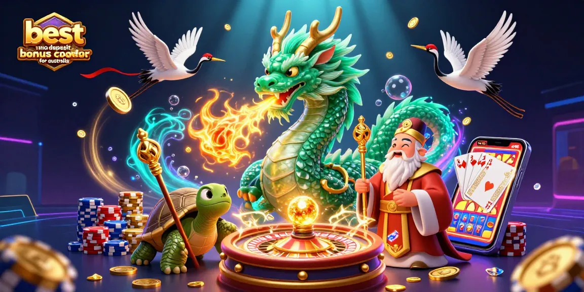 Engage with the best no deposit bonus codes for australia amidst a vibrant casino fantasy scene with lucky symbols.
