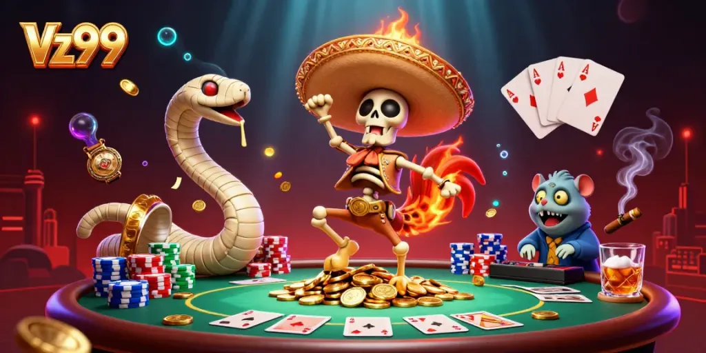 Venture into Vz99 with a vibrant gaming scene of a dancing marionette and thrilling poker action.
