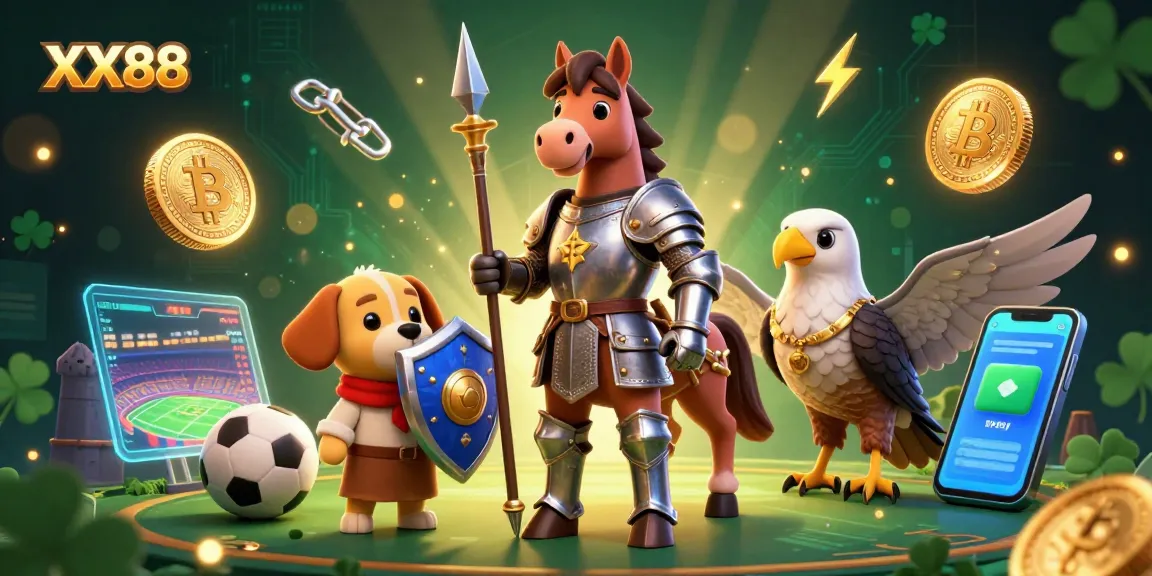 Engage in thrilling sports betting with XX88 through immersive 3D digital illustration depicting a knight and puppy amidst crypto elements.