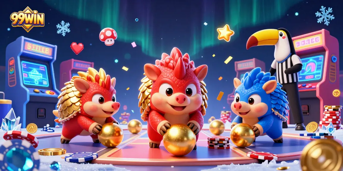 Engage with 99WIN's thrilling casino adventure featuring pangolins bowling through poker chips.