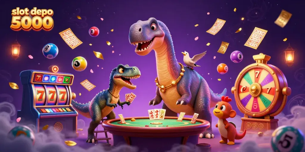 Experience the excitement of slot depo 5000 with vibrant gaming elements surrounding a playful dinosaur.