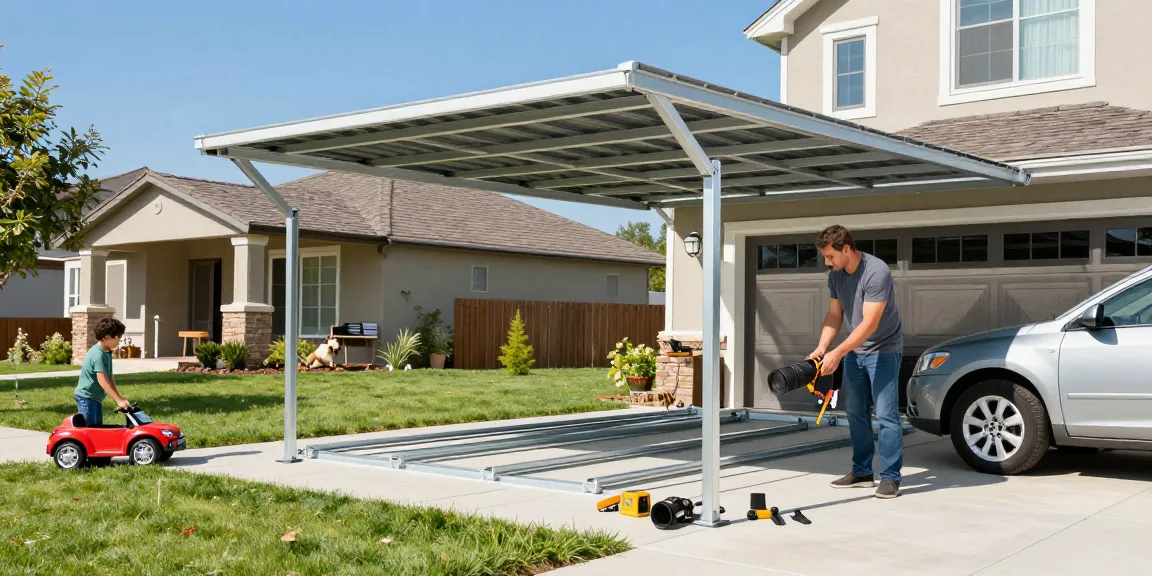 Ein Carport wird in einem Vorort installiert und zeigt eine Familie beim Aufbau mit Werkzeugen.
