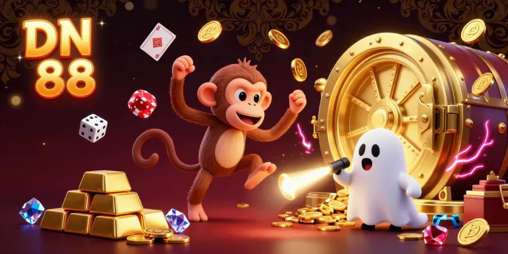 Watch the playful DN 88 monkey juggle casino treasures while a brave puppy hunts ghosts in a dynamic 3D illustration.