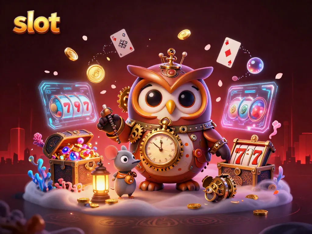 Engage in thrilling slot adventures with this vibrant casino scene featuring a time-traveler owl.