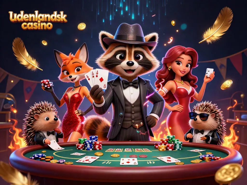 Engage with utenlandsk casino action featuring a raccoon dealing poker, alongside a stylish fox and hedgehog bouncer.