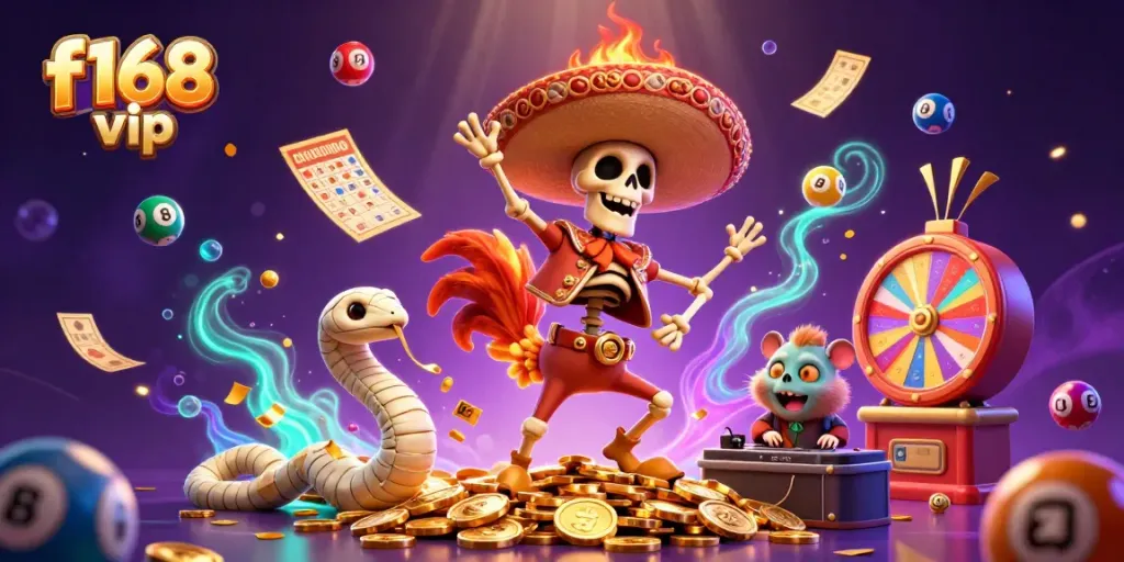 Experience f168 vip with a lively animated scene featuring a mariachi rooster, mummy snake, and DJ hamster celebrating amidst vibrant casino elements.