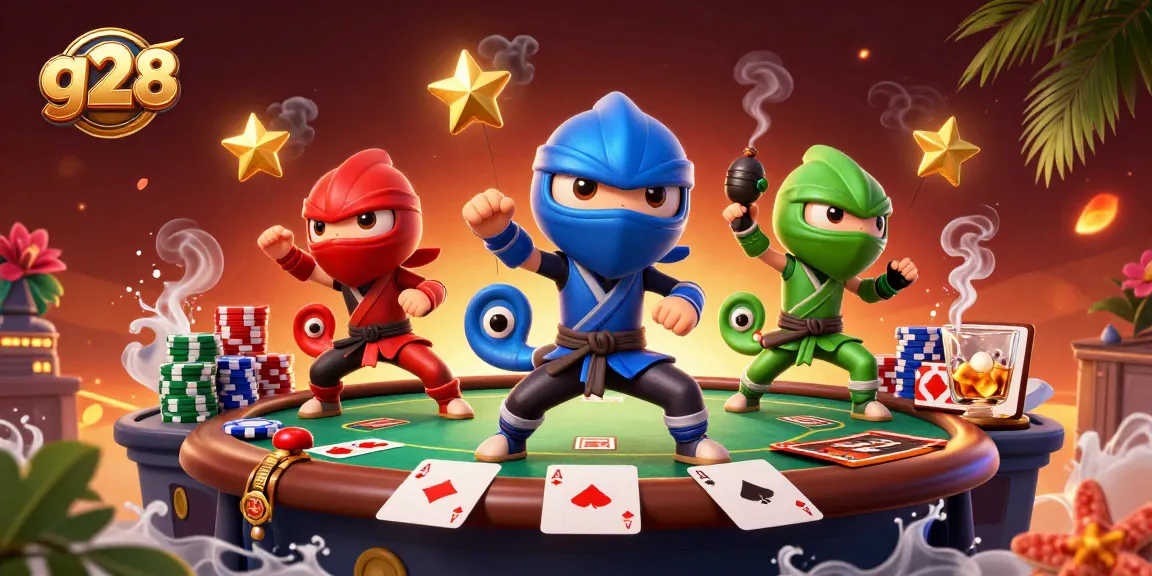 g28 team of ninja chameleons showcasing poker mastery through dynamic poses in a vibrant casino setting