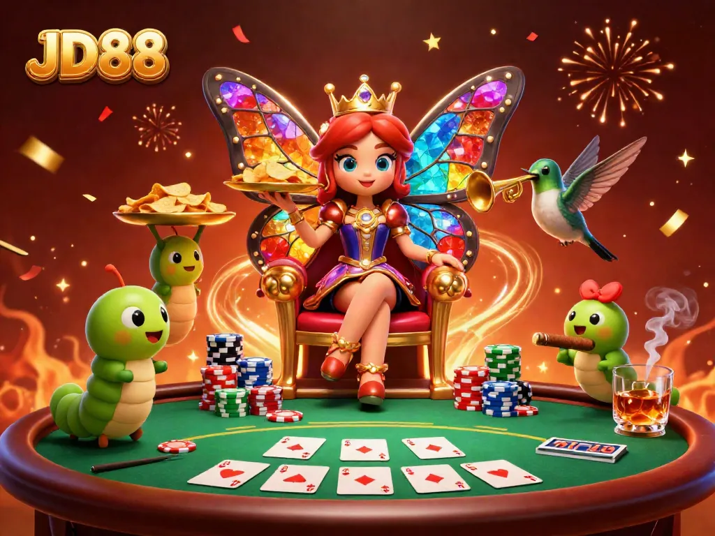 Engage in thrilling poker action at JD88 with vibrant visuals of the butterfly queen and colorful casino elements.