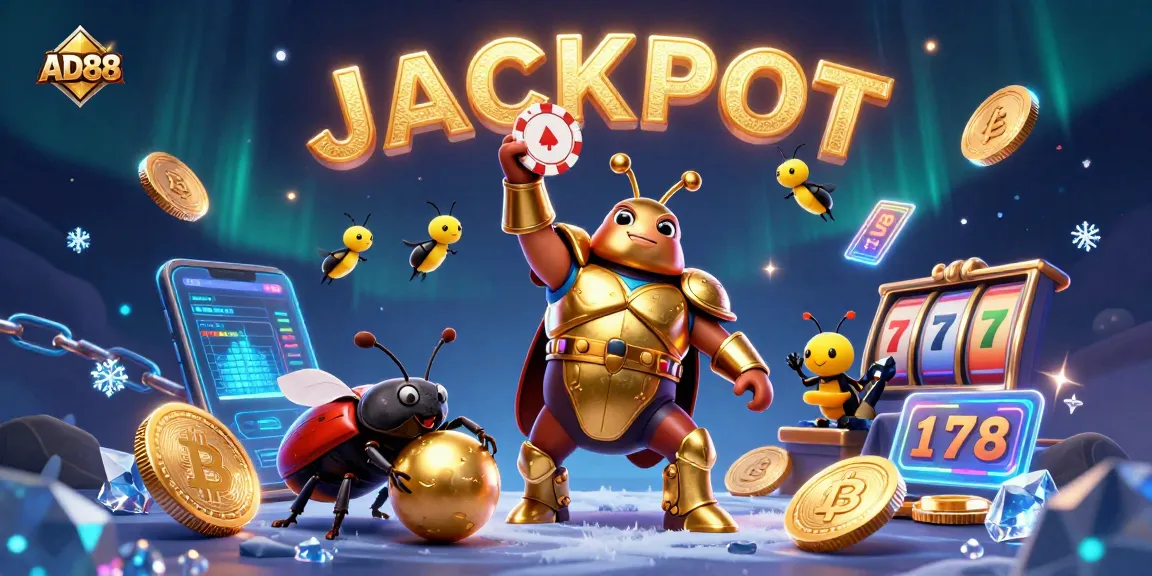 AD88 captivates players with energetic cartoon beetles celebrating a huge jackpot in a lively casino scene.