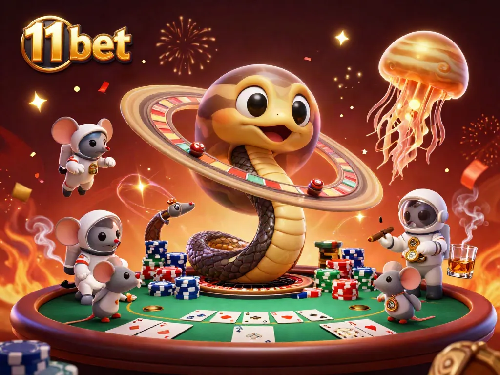 Watch the excitement at 11 bet as astronaut mice place bets on a cosmic roulette wheel.