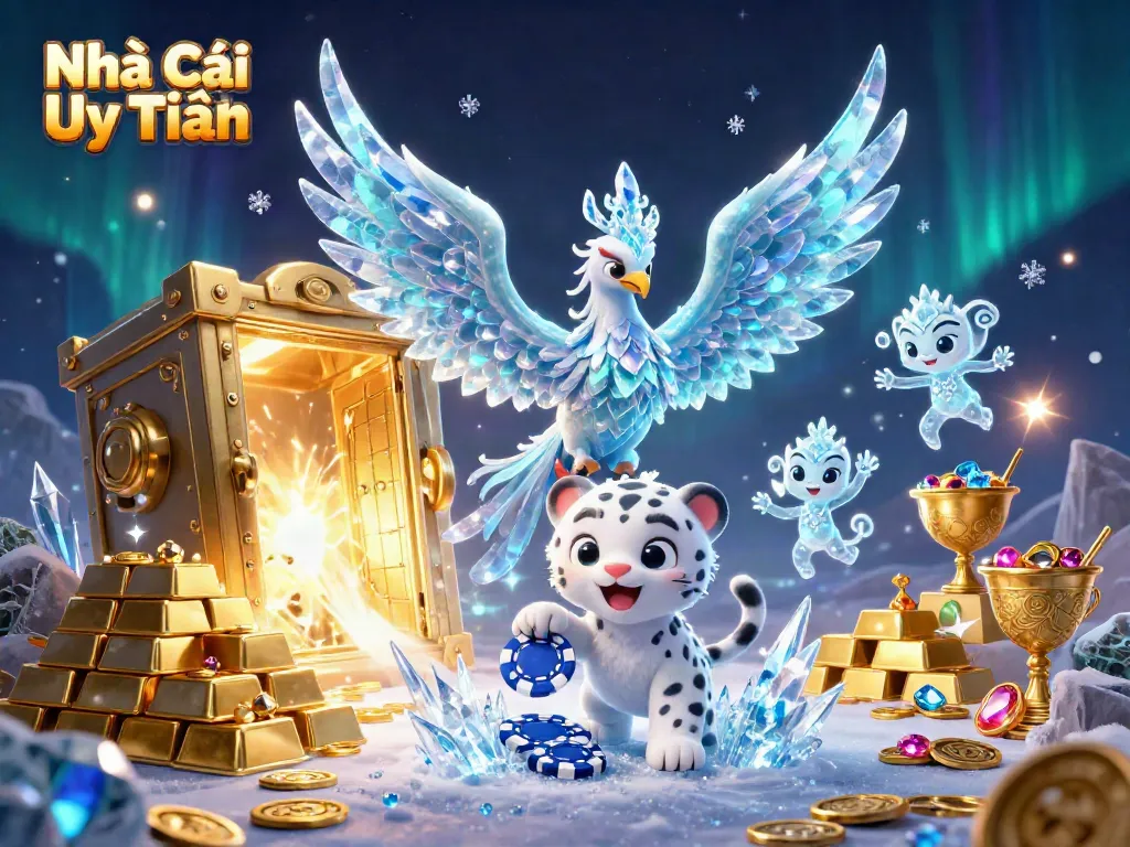Engage in thrilling gaming experiences at Nhà Cái Uy Tín, surrounded by vibrant, animated characters and casino treasures.