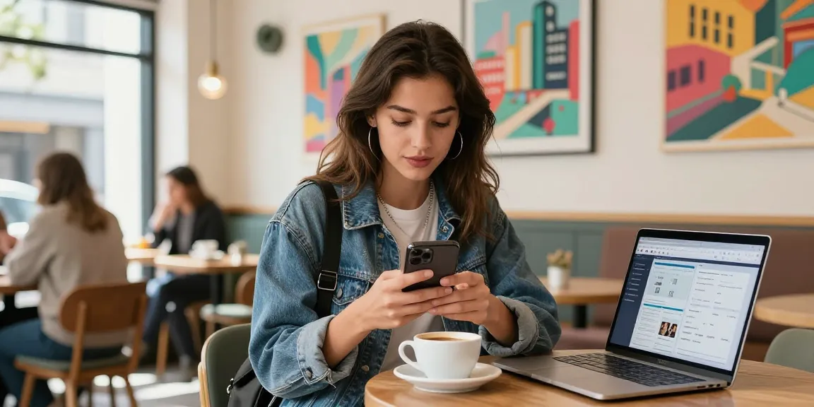 Weibliche Instagram Likes kaufen im modernen Café mit stilvollen Elementen.