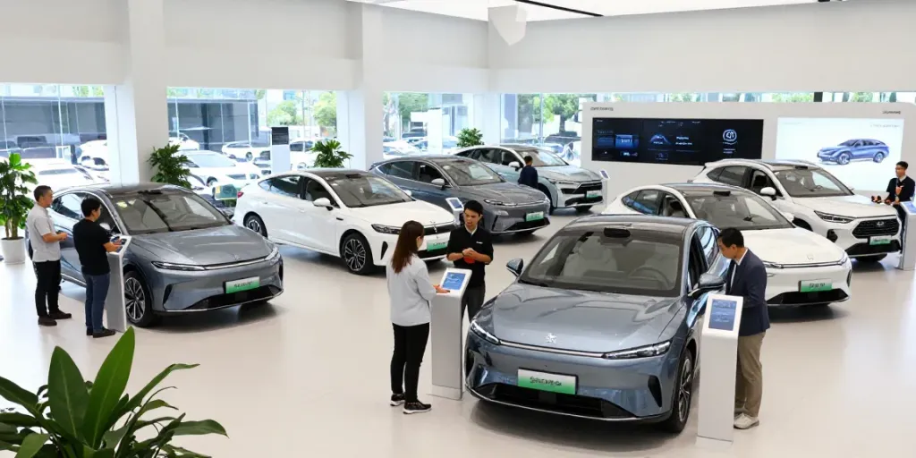 Showroom showcasing diverse electric vehicles, engaging customers, and innovative technology highlighting 7meter.