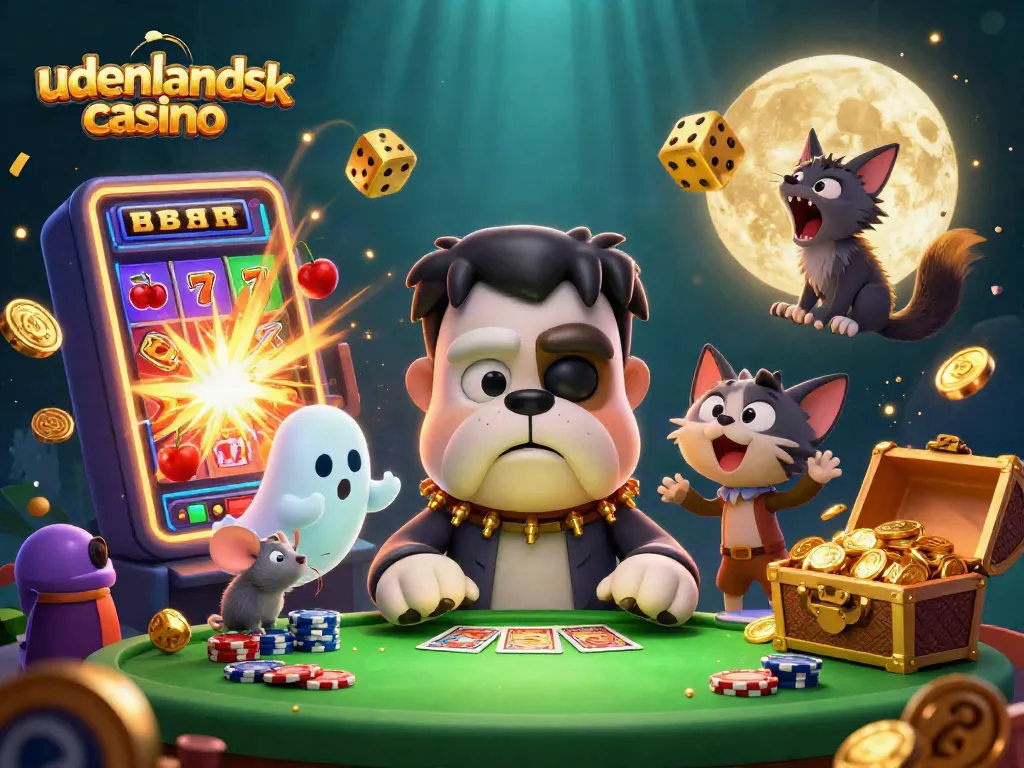 Experience the thrill of udenlandsk casino with a playful scene of quirky characters and vibrant gaming elements.