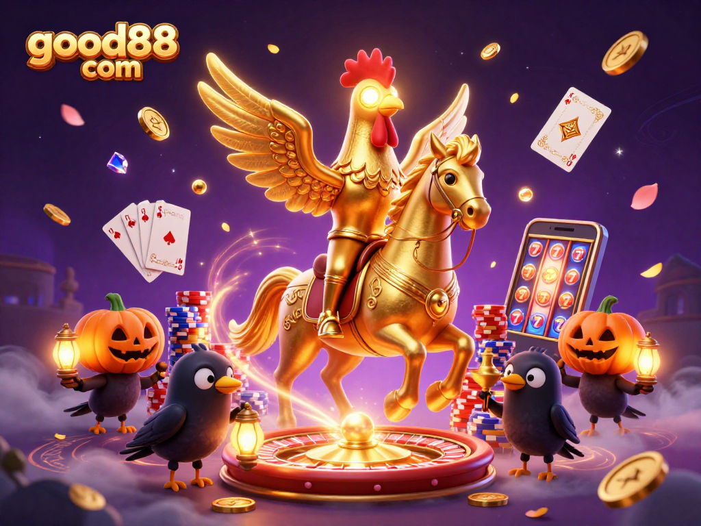 Experience thrilling gaming action at good88 com with a golden rooster hero amid vibrant casino chaos.