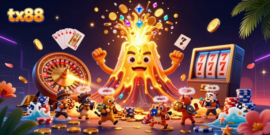 Experience thrilling casino action with tx88's vibrant 3D illustration of adventure, treasure, and excitement.