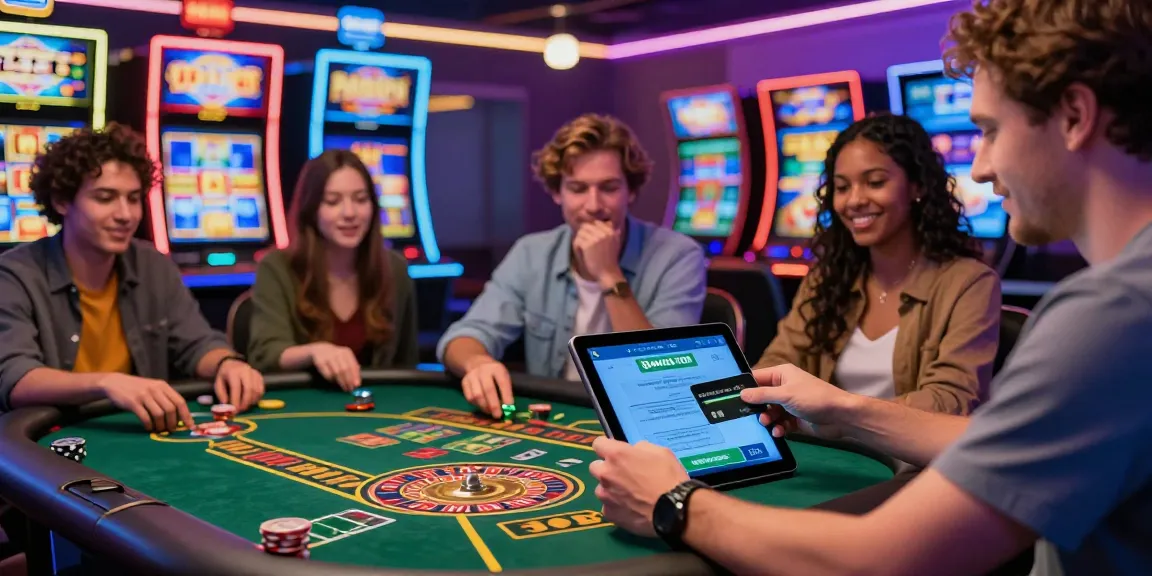 Engagierte Spieler in einem lebhaften Paysafe Card Casino, die Spiele und digitale Einzahlungen genießen.