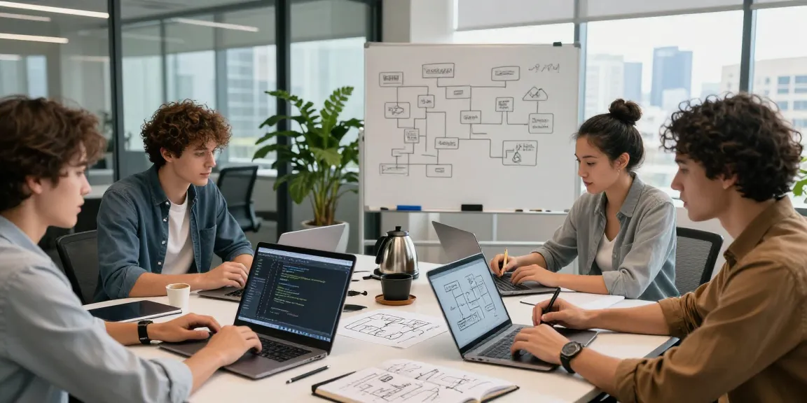 Build internal tools with AI in a collaborative tech workspace with professionals brainstorming.