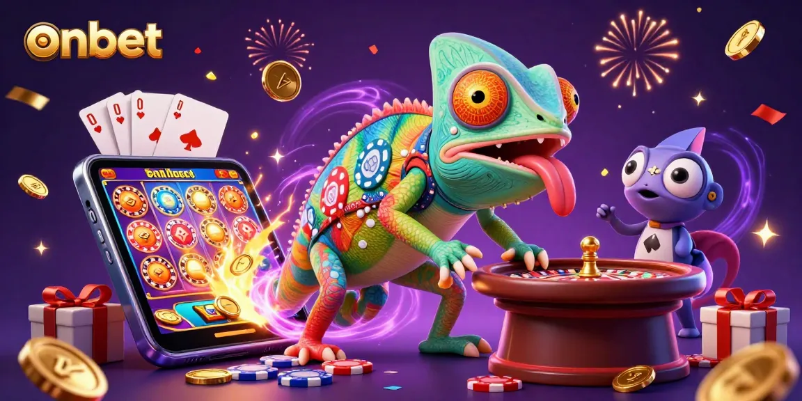 Experience thrilling gameplay at onbet with a captivating chameleon casino owner and vibrant gaming elements.