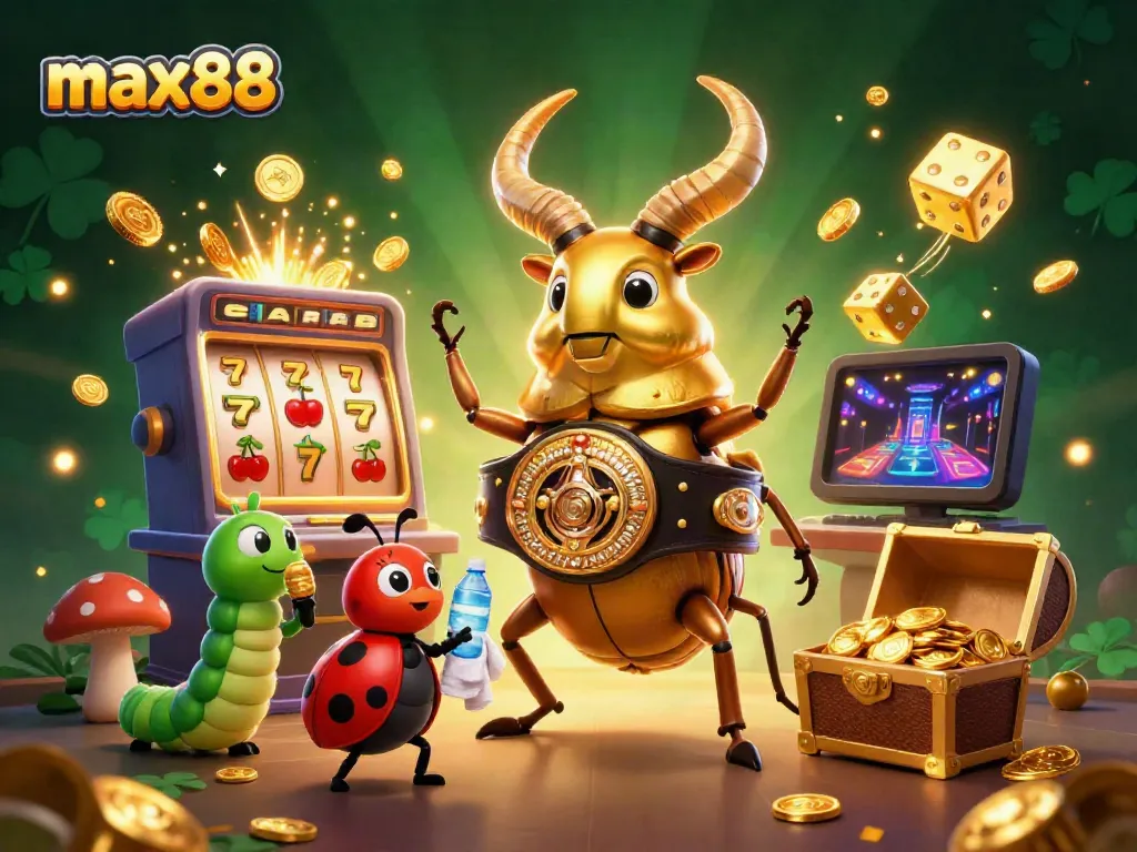 Win big at max88 with a dynamic illustration featuring a giant golden beetle and casino elements.