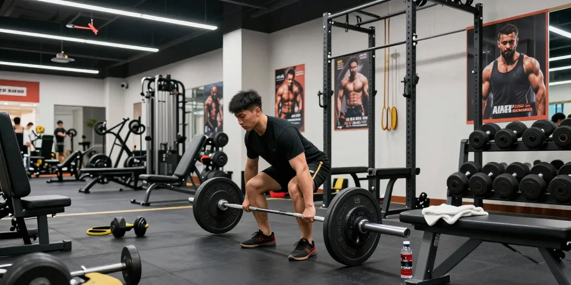 Im Anabolika Shop werden hochwertige Steroide präsentiert, mit Bodybuilder bei der Übung im Fitnessstudio!