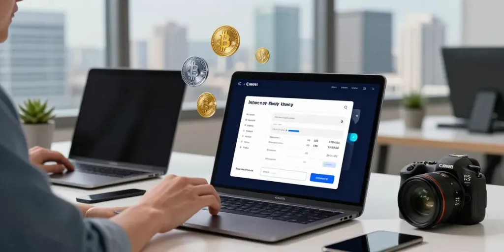 Engaging with the Internet Money wallet on a laptop, showcasing cryptocurrency transactions.
