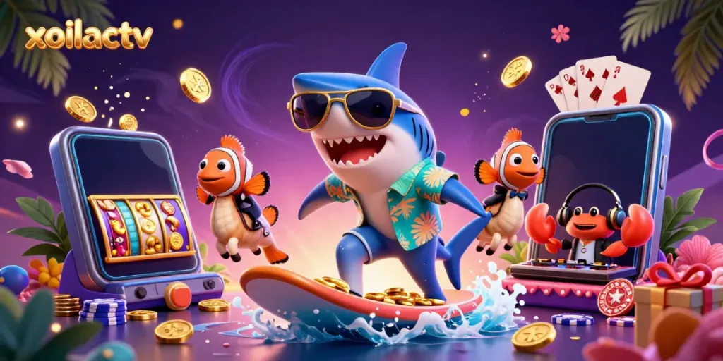 Xoilactv captures the excitement of online gaming with a vibrant ocean scene featuring dynamic characters and rich casino elements.