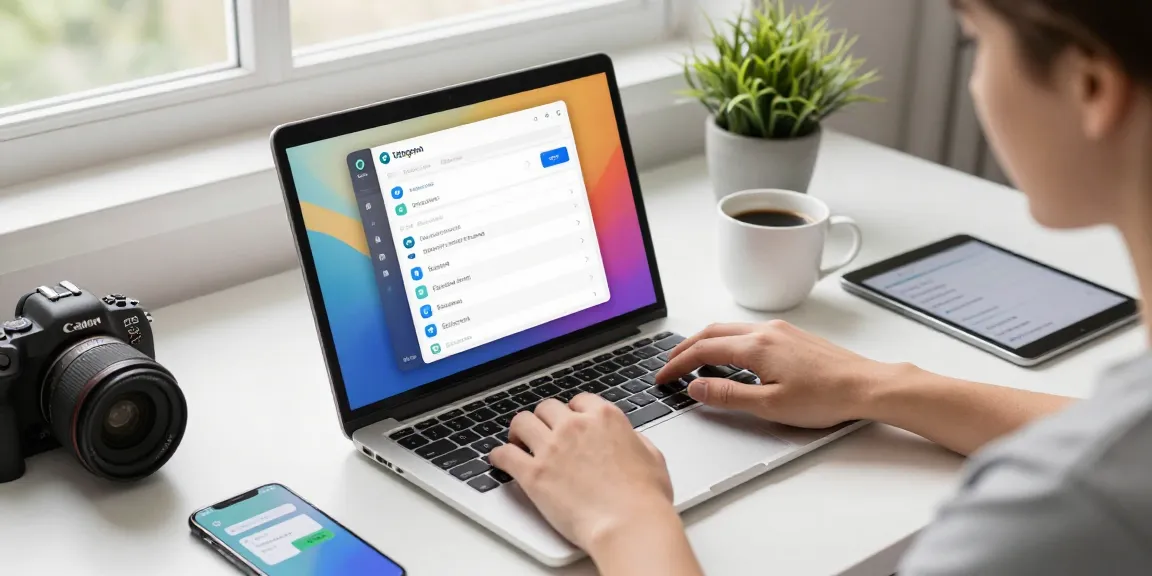 Adjusting Telegram Chinese language settings on a laptop in a stylish office workspace.