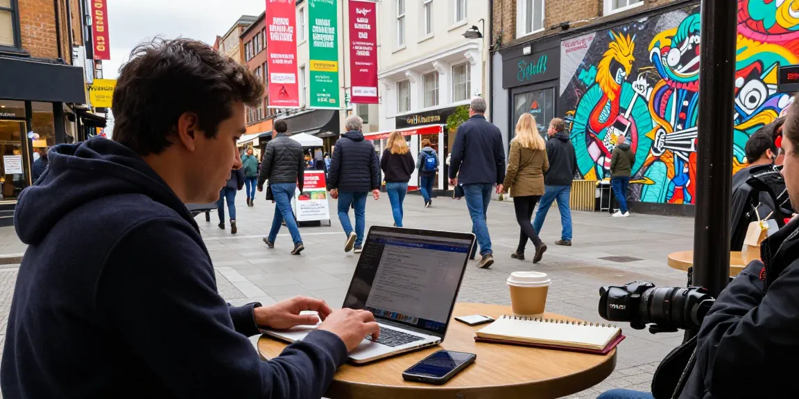 Journalist at a café in Bochum, immersed in news writing and local culture, showcasing newsbochum.