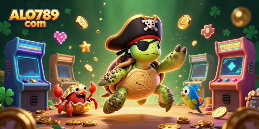 Engage with thrilling gaming at ALO789 com, a vibrant 3D fantasy scene filled with arcade machines and sea creatures.