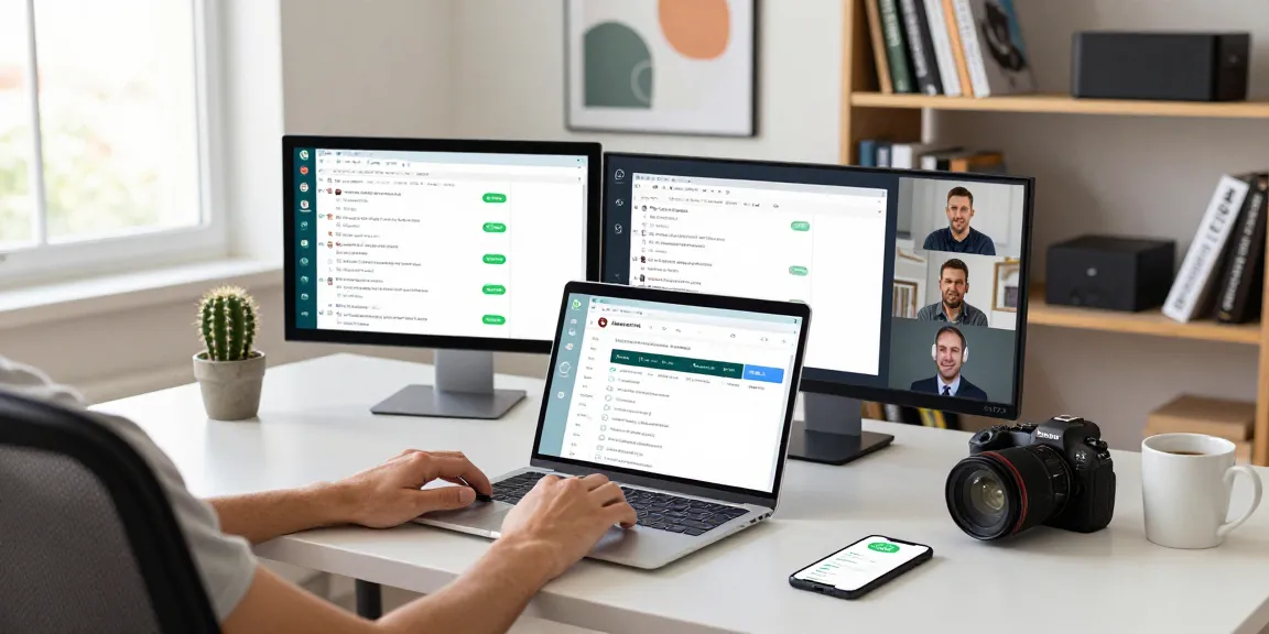 Workspace featuring WhatsApp電腦版 in use, a modern desk setup with dual screens showing chats.