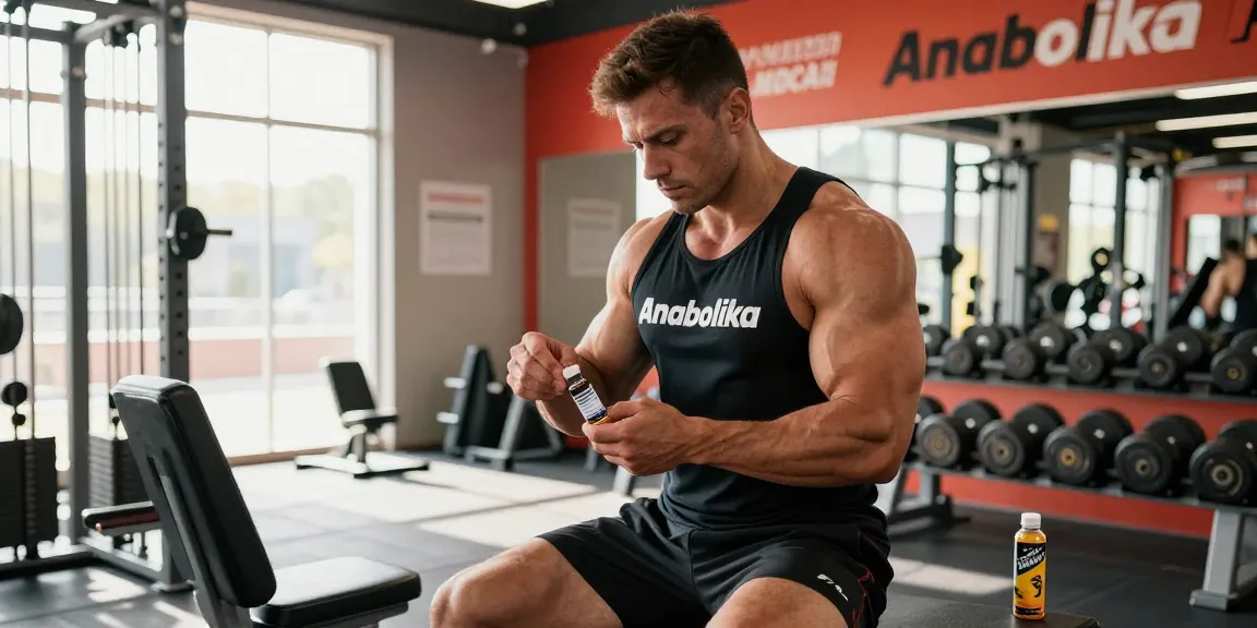 Anabolika Shop: Bodybuilder focused on workout with anabolic steroids in modern gym.