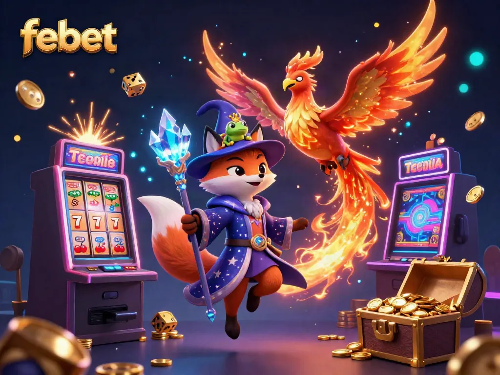 Experience thrilling gameplay at febet with a magical wizard, phoenix, and vibrant casino elements.
