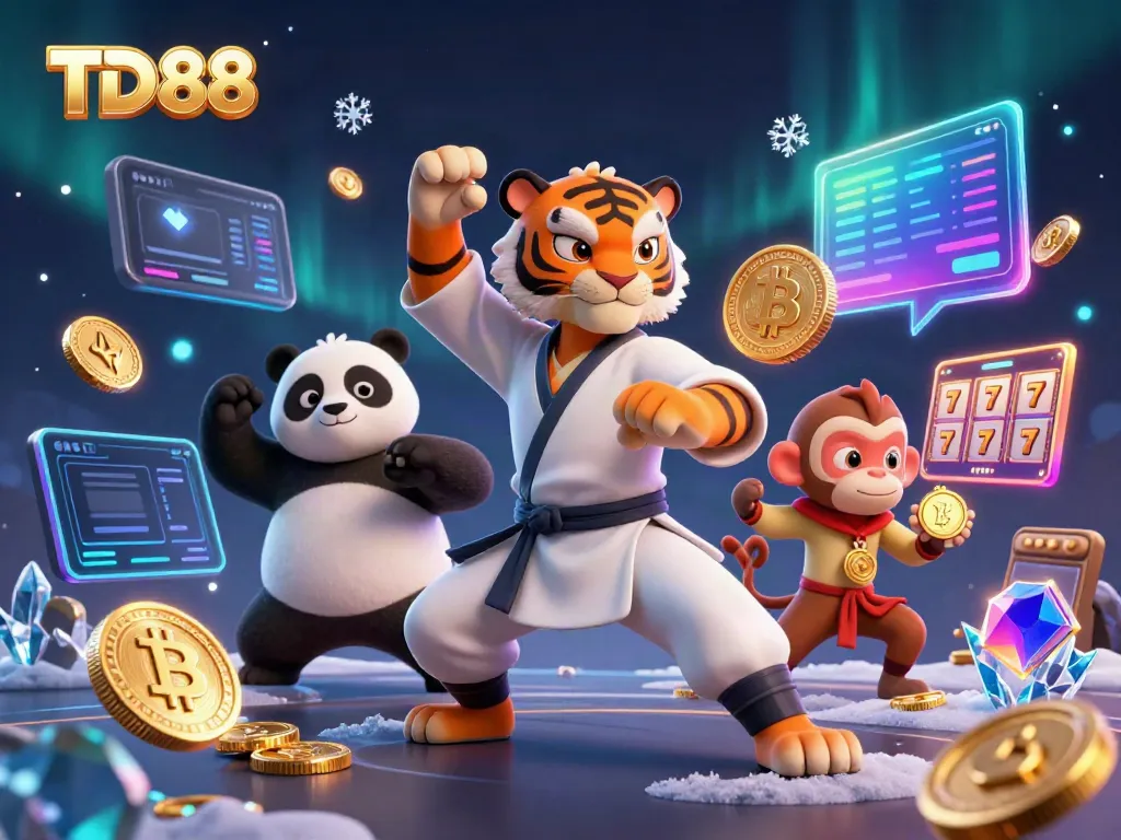 Experience the thrilling world of TD88 casino with kung fu characters amid vibrant gaming elements.