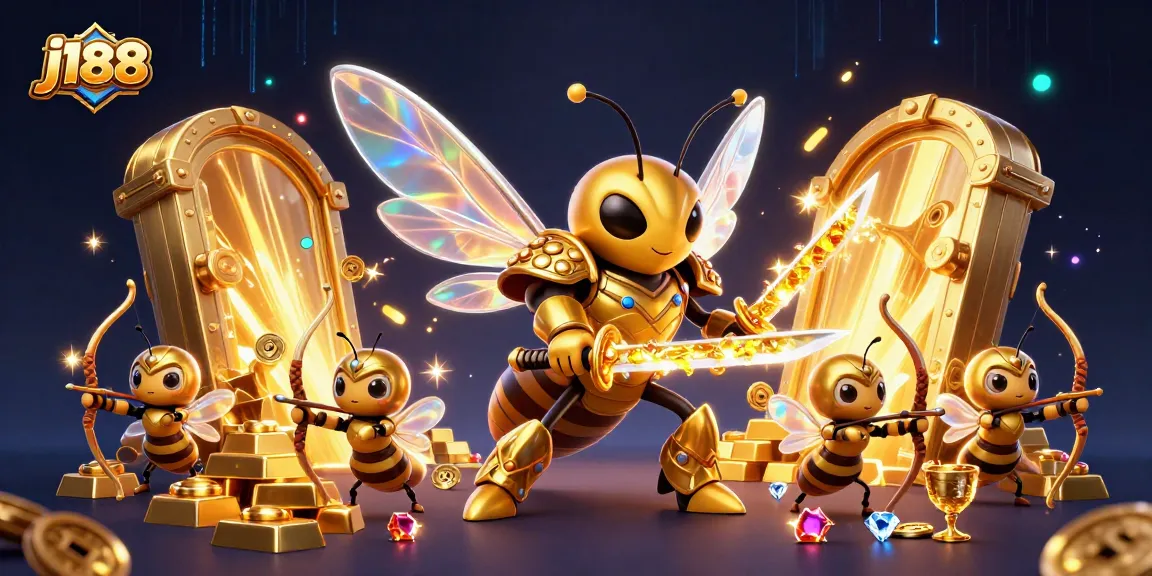 The j188 gaming adventure features a golden hornet samurai and bee archers in an energetic casino scene.