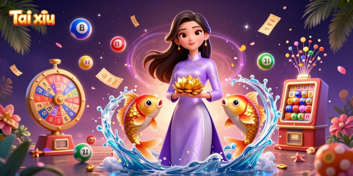 Tài xỉu game illustration showing a stunning Asian woman, koi fish, and lottery elements in action.