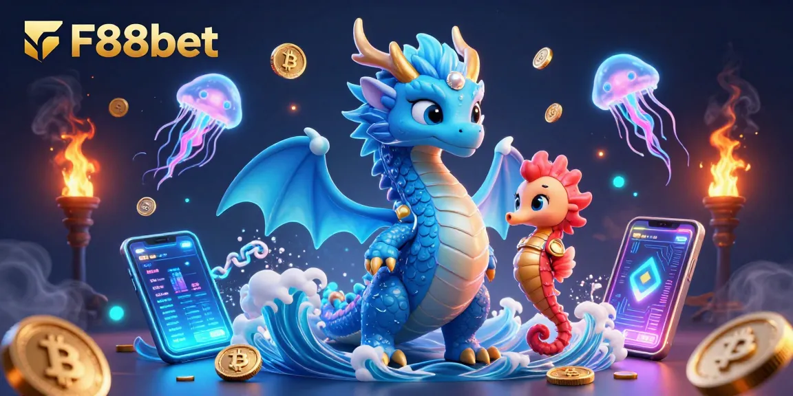 Engage with F88bet's vibrant 3D illustration featuring dynamic underwater characters and crypto elements.