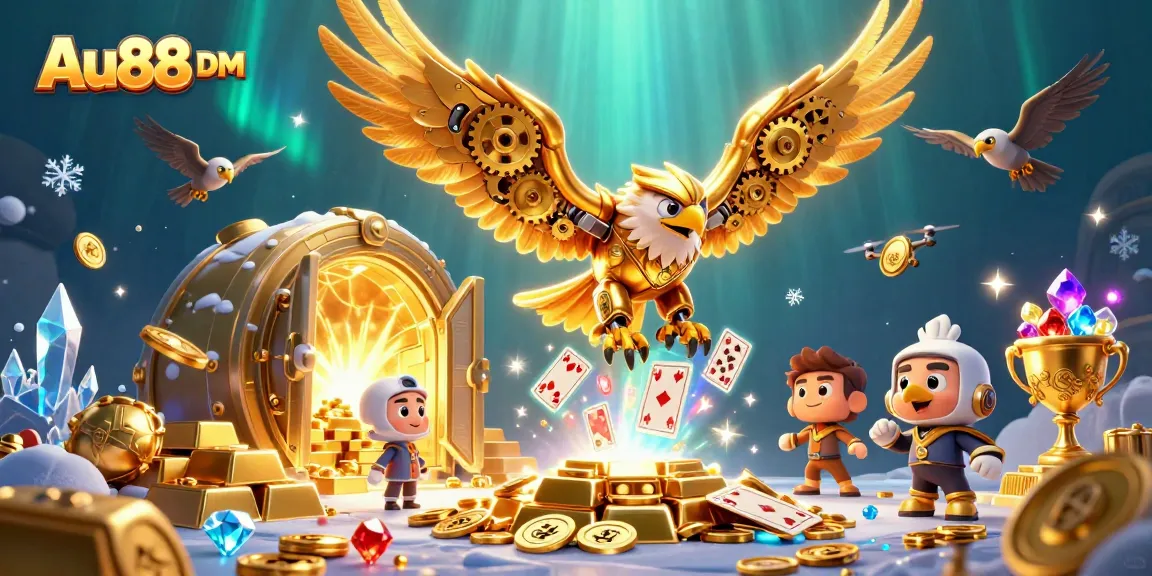 Win with Au88 DM at a dazzling casino scene showcasing treasures and excitement.