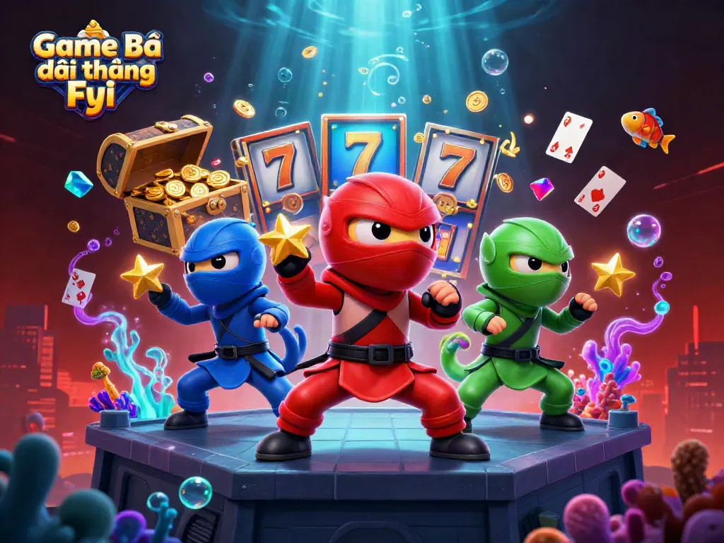 Game Bài Đổi Thưởng Fyi showcases vibrant 3D chameleon ninjas amidst slot reels and treasure