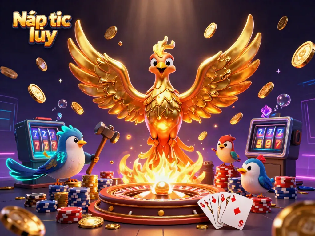 Nạp tích lũy with a molten metal phoenix and casino elements showcasing dynamic rewards.
