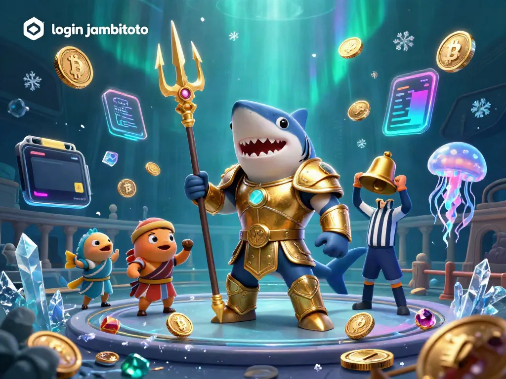 Engage with login jambitoto through an animated underwater scene featuring a fierce shark and vibrant casino elements.