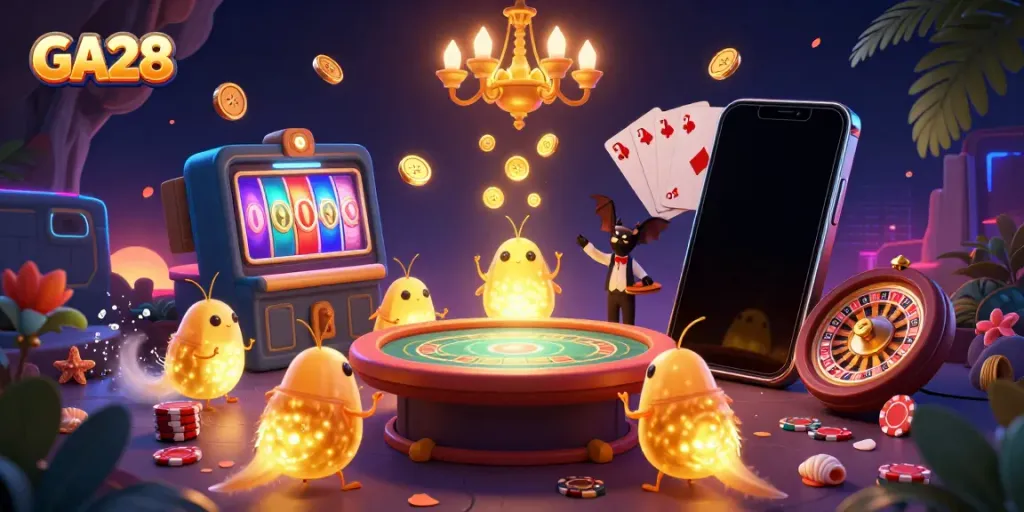 Experience GA28's immersive cave casino with glowworms, bioluminescent lights, and vibrant game elements.