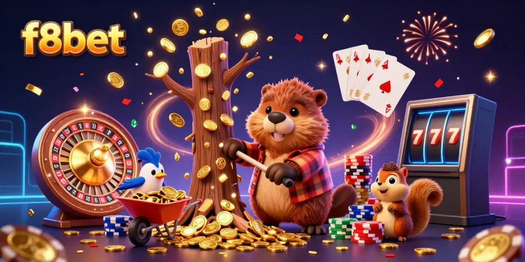 Experience the excitement of winning with f8bet's vibrant casino scene featuring a beaver, bird, and squirrel amidst cascading coins.