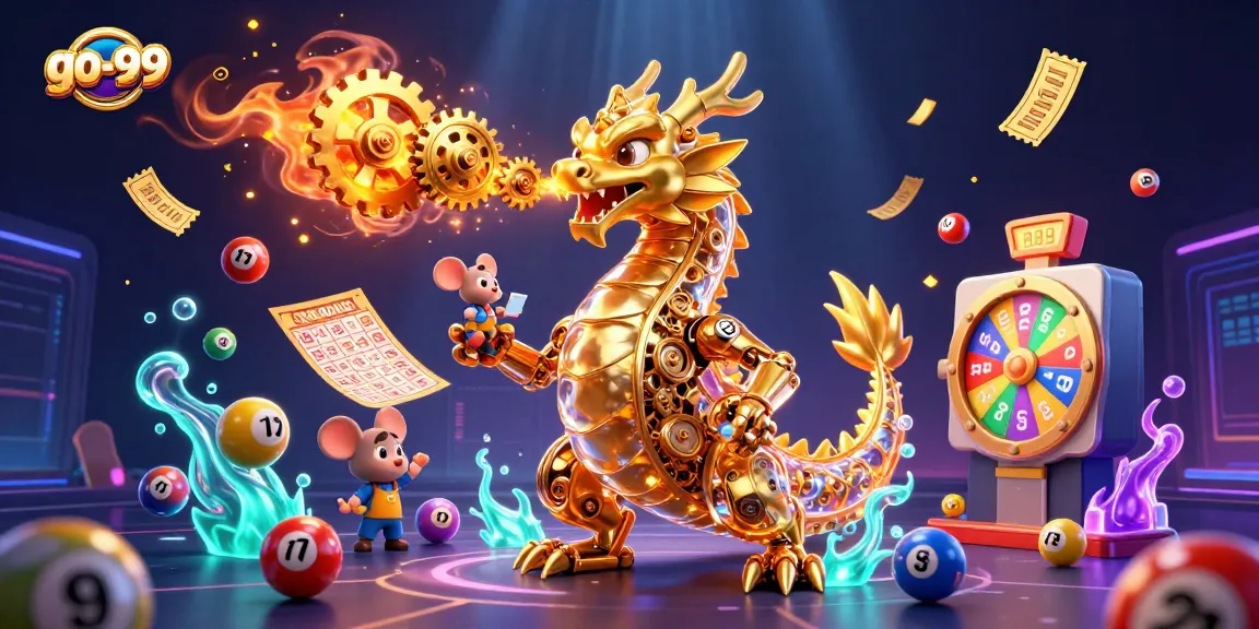 Experience the excitement at go-99 with vibrant lottery elements and a golden dragon illustration.