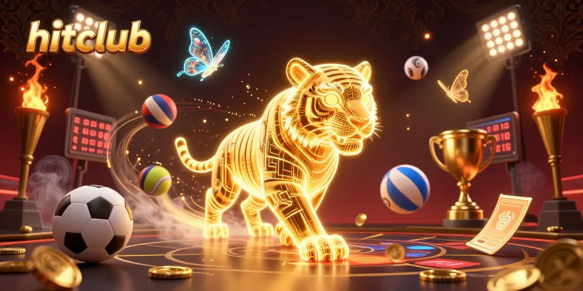 Hitclub showcases a digital casino scene featuring a neon tiger and vibrant sports elements.