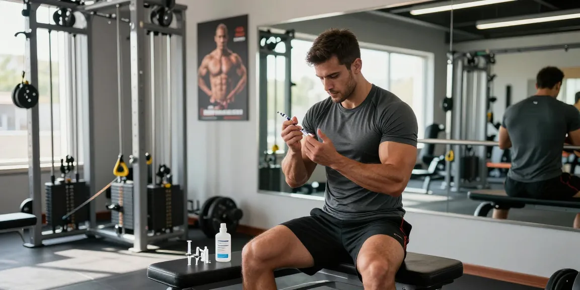 Anabolika Shop - Sportler demonstriert die Technik der Steroidinjektion in einer modernen Trainingsumgebung mit motivierender Atmosphäre.